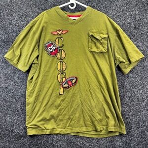 Coogi Mens V-Neck T-Shirt 3XL Olive Green Embroidered Patches Pocket Cotton Tee